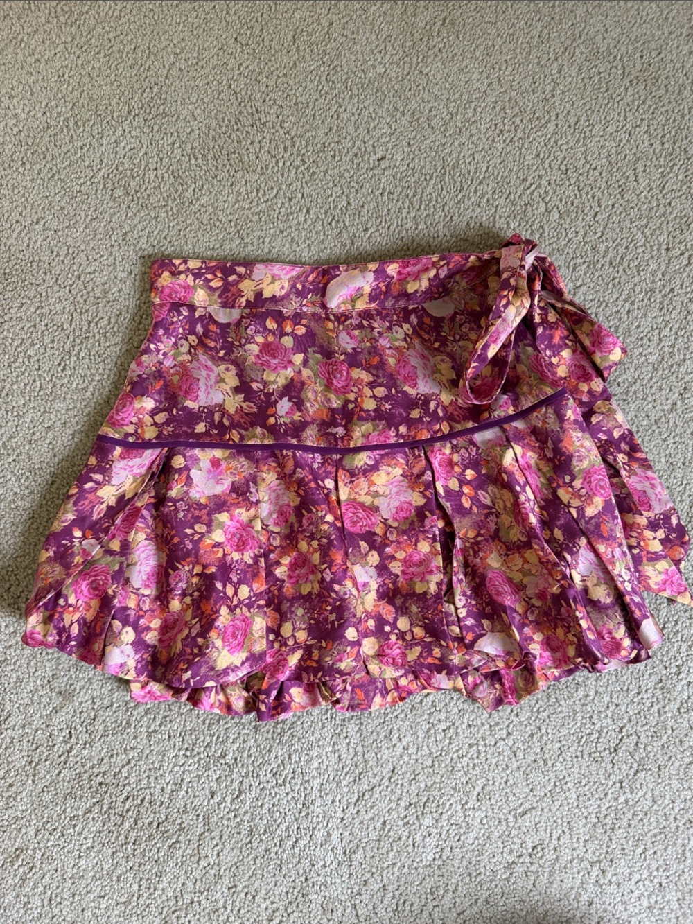 LOVESHACKFANCY Floral Purple Tie-Detail Mini Skirt